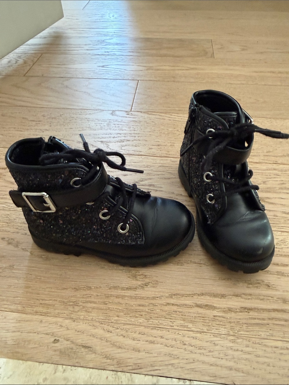 Cat & Jack Black Glitter Lace-Up Ankle Boots with Buckle